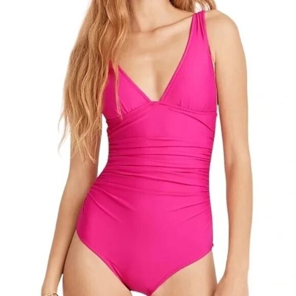 J. Crew Other - J.Crew Women’s Ruched V Neck One Piece Swimsuit  Radiant Fuchsia BC116 Size 4